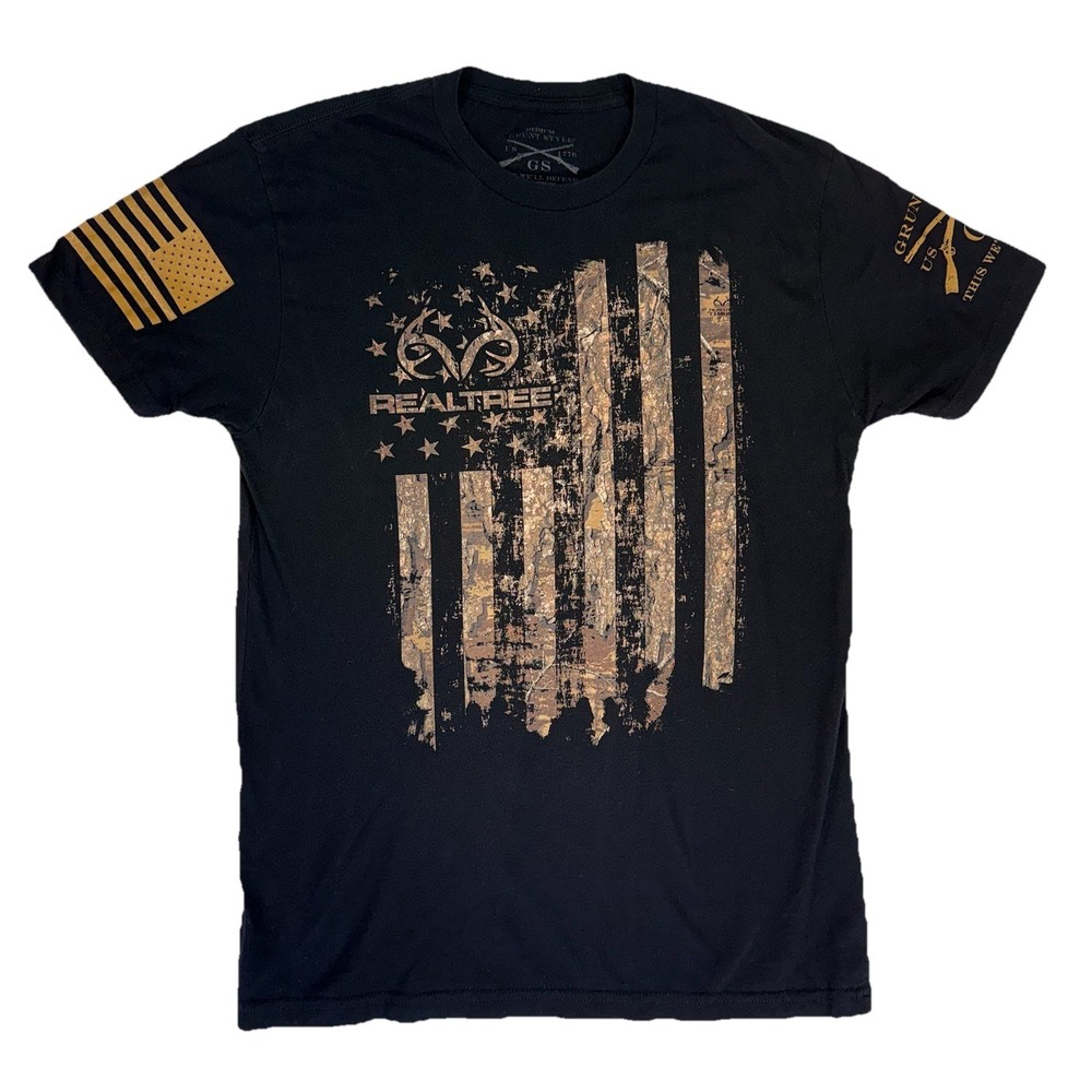 Grunt Style Realtree Camo Flag Graphic T Shirt Men's Medium Black Hunting Tee